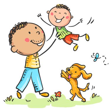 Çizgi film babasıyla oğlu açık havada oynuyorlar. Mutlu bir aile ortamı, çocuklu bekar bir ebeveyn. Ebeveynlik, babalık kavramı. Ebeveynler çocuklarıyla dışarıda vakit geçirir. Aile parkta yürüyor.