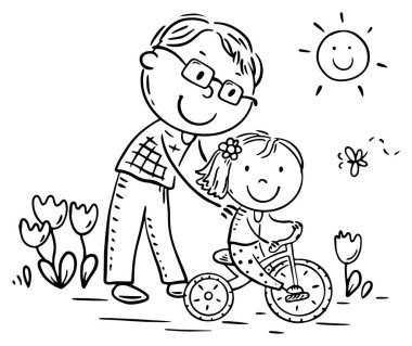 Baba 'nın kızına bisiklet sürmeyi öğrettiği karikatür çizimi. Babası kızın bisiklete binmesine yardım ediyor. Ebeveynlik, babalık kavramı. Ebeveynler çocuklarla aktif olarak dışarıda vakit geçirirler.
