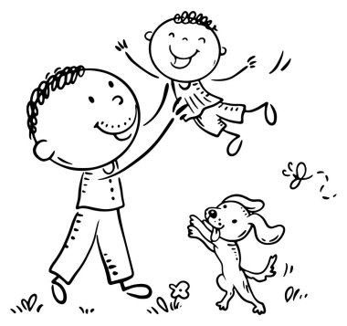 Baba ve oğlunun açık havada oynadığı çizgi film çizimi. Mutlu aile aktiviteleri, çocuklu bekar bir ebeveyn. Ebeveynlik, babalık kavramı. Ebeveyn aktif olarak zaman geçirir