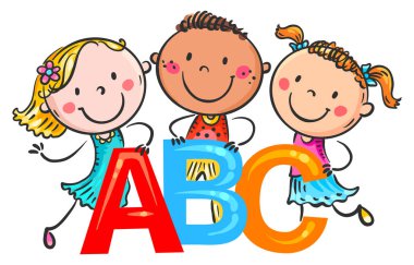 ABC harfli çizgi film çocukları, mutlu çocuklar alfabeyi öğreniyor, ABC harfleri tutan kız ve erkek çocuklar, renkli izole vektör çizimleri.