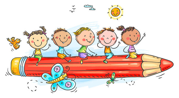 Happy cartoon doodle kids riding pencil, funny cute children sitting on pencil, creative boys and girls, education banner. Colorful vector illustration
