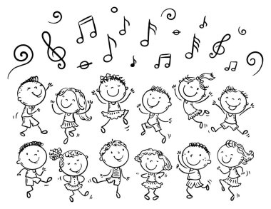 Çizgi çizen çocuklar birlikte dans ediyorlar. Çizgi film çocukları, dansçı kızlar ve oğlanlar, soyutlanmış karakterler. Siyah ve beyaz vektör çizimi