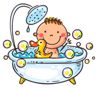 Banyoda mutlu çizgi film bebekleri, küvette yıkanan küçük çocuklar, izole edilmiş renkli vektör çizimleri.