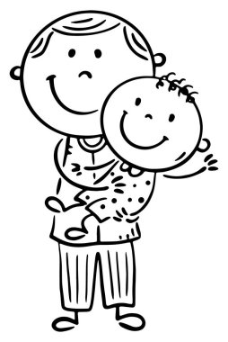 Çizgi filmdeki baba çocuğu kollarında tutuyor. Aile özeti klipsi. Siyah ve beyaz vektör çizimi