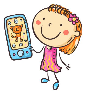 Akıllı telefon tutan mutlu çizgi film kızı. Cihaz, çocuklar, elektronik cihazlar ve dijital teknoloji kullanan Doodle 'lar. İzole karakter, vektör illüstrasyonu