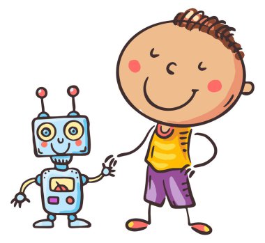 Oyuncak robotla oynayan şapşal çocuk. Elektronik cihazlar, çocuk ve dijital teknoloji kullanan çizgi film çocuğu. İzole karakter, vektör illüstrasyonu