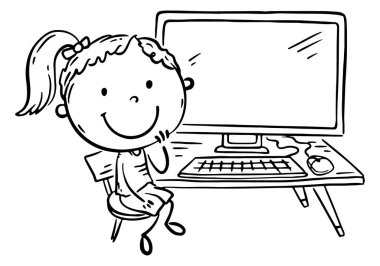 Çizgi film kızı masaüstü bilgisayarı kullanarak çalışıyor ve çalışıyor. Çocuk dijital teknoloji, çocuk ve elektronik cihazlar kullanıyor. İzole edilmiş karakter, siyah ve beyaz vektör çizimi