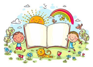 Kitap çerçeveli karalama çocukları. Açık kitap geçmişi olan mutlu çizgi film çocukları, çocuklarla reklam için şablon ve açık kitap, renkli vektör illüstrasyonu