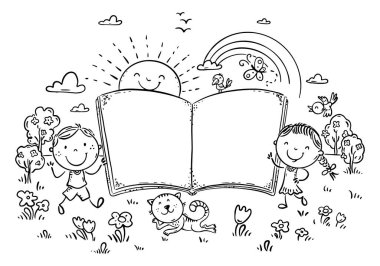 Kitap çerçeveli siyah ve beyaz çocuklar, reklam için şablon, boş açık kitabı olan çöp adam figürü çocuklar, ana hatlı vektör çizimi