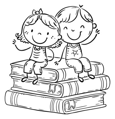 Siyah beyaz çizgi film çocukları kitap yığınının üzerinde oturuyorlar. Çubuk adam ve kız yığınla kitabın üzerinde. Taslak vektör illüstrasyonu