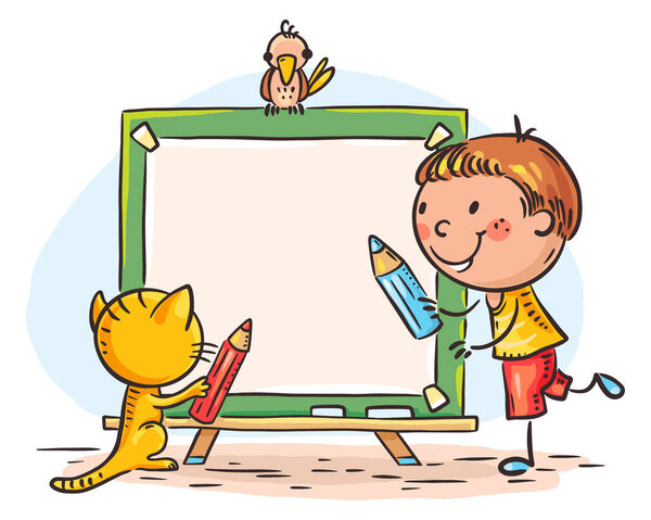 Симпатичный мультяшный мальчик рисует на доске. Творческая деятельность, воспитание детей в детском саду. Красочная векторная иллюстрация