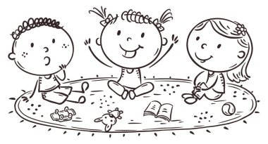 Küçük çocuklar halının üzerinde oturup hikaye dinliyorlar. Siyah ve beyaz çizgi film çocukları vektör çizimi