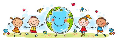 Çocuklar dünya barışı, mutlu etnik çocuklar, çizgi film çocukları, el ele tutuşan kızlar, dünya sembolü. Renkli vektör illüstrasyonu