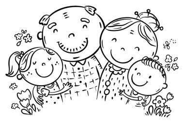 Grandparents hugging grandchildren. Outline happy cartoon family clipart, black and white vector illustration