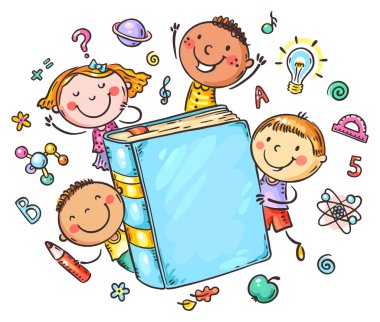 Büyük kitapları ve okul konuları olan çizgi film çocukları. Elle çizilmiş mutlu çocuklar tırmanıyor, vektör çizimi