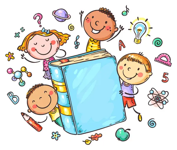 Büyük kitapları ve okul konuları olan çizgi film çocukları. Elle çizilmiş mutlu çocuklar tırmanıyor, vektör çizimi