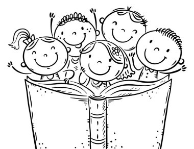 Birlikte kitap okuyan mutlu çocukların ana hatları. Mutlu oğlanlar ve kızlar kitap okuyor. Çizgi film çizimi vektör illüstrasyonu