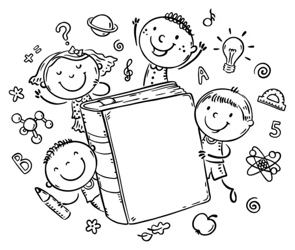 Elinde kitap olan çocukların taslağı. Okul eşyaları serisi. Mutlu çocuklar tırmanıyor, siyah-beyaz el çizimi vektör çizimi