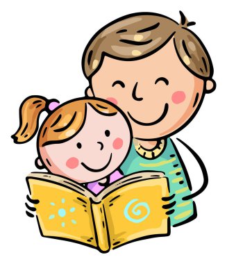Baba küçük kızına bir kitap okuyor. Mutlu çizgi film aile klipleri. Baba çocukla vakit geçiriyor. Renkli resimleme