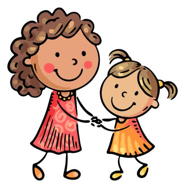 Mutlu çizgi film anne ve kızı el ele tutuşup dans ediyorlar. İzole bir illüstrasyon, aile renkleri.