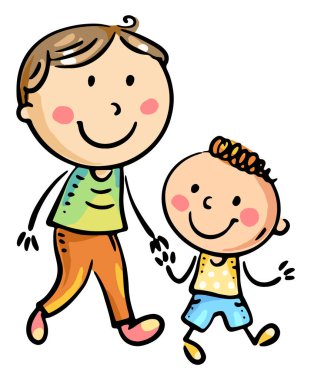 Babanın çocuklu yürüyüşünün izole edilmiş bir karikatürü. Baba oğullarının elini tutuyor. Mutlu aile üyeleri.