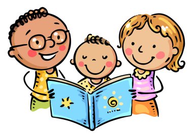 Anne ve baba küçük oğluna kitap okuyor. Mutlu çizgi film aile klipleri. Ebeveynler çocukla zaman geçirirler. İzole illüstrasyon