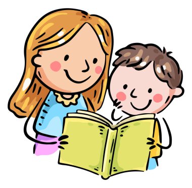 Anne oğluna bir kitap okuyor. Mutlu çizgi film aile klipleri. Anne çocukla vakit geçiriyor. Renkli resimleme