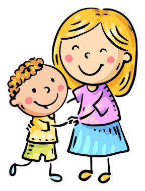 Anne oğluna sarılıyor ve gülümsüyor. Mutlu çizgi film aile klipleri. Ayrı renkli illüstrasyon