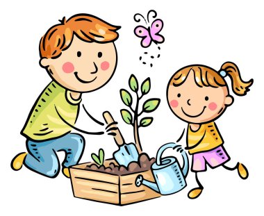 Küçük kız babasının ağaç dikmesine yardım ediyor. Baba ve çocuk bahçede vakit geçirir. Çizgi film illüstrasyonu, mutlu aile, ebeveynlik müşterisi