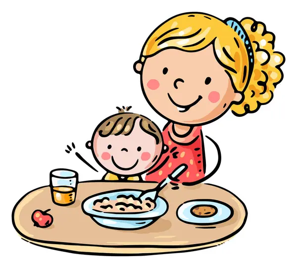 Çizgi film annesi çocuğunu kaşıkla besliyor. Anne küçük çocuğuna yemek veriyor. Çizgi film aile rengarenk klipsi