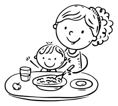 Doodle annesi bebeğini kaşıkla besliyor. Anne küçük çocuğuna yemek veriyor. Çizgi film ailesi siyah beyaz.