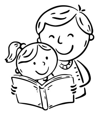 Küçük kızına kitap okuyan bir babanın tasviri. Mutlu çizgi film aile klipleri. Baba çocukla vakit geçiriyor. Siyah beyaz resimler.