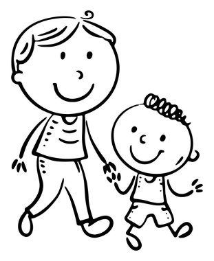 Çizgi film karakteri hamile yürüyor. Baba oğullarının elini tutuyor. İzole edilmiş siyah beyaz illüstrasyon, ana hatlı aile klibi