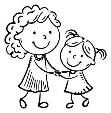 Anne, kızıyla el ele tutuşarak dans ediyor. Ana hatlı çizgi film aile dağılımı, izole edilmiş siyah beyaz çizimler