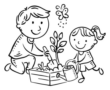 Baba Kız Ağaç Bahçesi Siyah-Beyaz İllüstrasyon