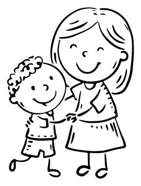 Anne oğluna sarılıyor. Çizgi film çizimi, soyutlanmış aile klibi. Siyah ve beyaz