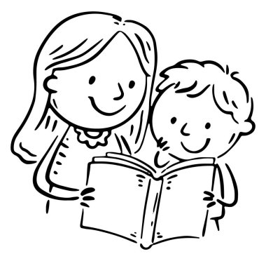 Siyah ve beyaz. Çizgi film annesi oğluna kitap okuyor. Doodle ailesinin bir parçası. Anne çocuğuyla vakit geçiriyor.