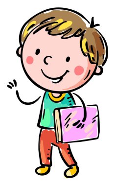 Elinde kitap olan bir öğrenci. İzole edilmiş karakter, kitapla ayakta duran çocuk tasviri.