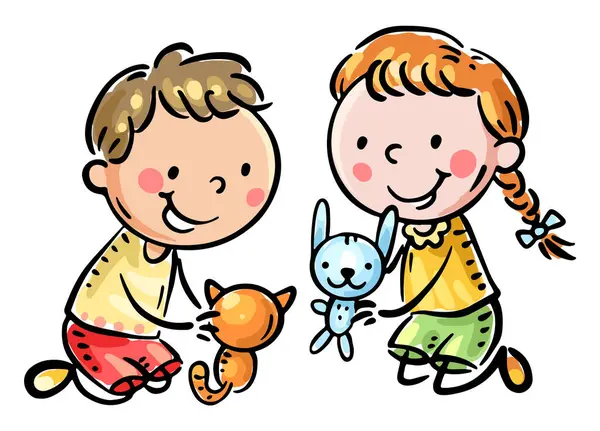 Oyuncaklarla oynayan şirin çocuklar. İki anaokulu çocuğunun çizgi film çizimi, çocuk aktiviteleri zirvesi