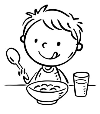 Küçük çocuk yulaf lapası yiyor. Mutlu çocuk kahvaltı yapıyor. Siyah ve beyaz Clipart