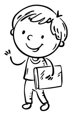 Elinde kitapla duran sevimli küçük çocuk. Özet çizimi