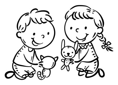 Oyuncaklarla oynayan şirin çocuklar. İki anaokulu çocuğunun çizgi film ana hatları, aktiviteler zirvesi