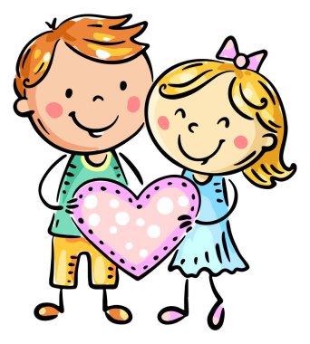 Metnin için boş bir yeri olan kalbi tutan erkek ve kız renkli çizimler.