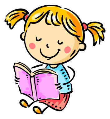 Kitap okuyan küçük bir kız. Ayrı karikatür renkli çizimler