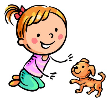 Küçük kız köpekle oynuyor. Evcil hayvan klipsli izole çizgi film çocuğu, karalama çok renkli çizim