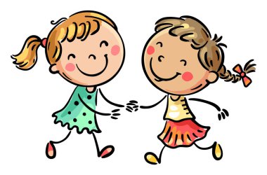 İki küçük kız eğleniyor, çocuklar oynuyor, karikatür çizimleri var.