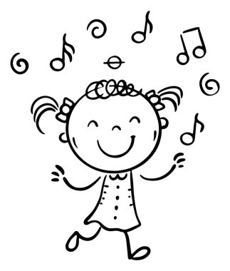 Müzik dinleyip dans eden tatlı bir karalama kızı. İzole edilmiş çizgi film çocuk çizimi