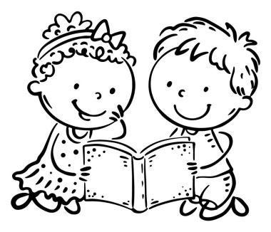 Küçük çocuklar kitap okuyor. Doodle siyah ve beyaz çizimini izole etti