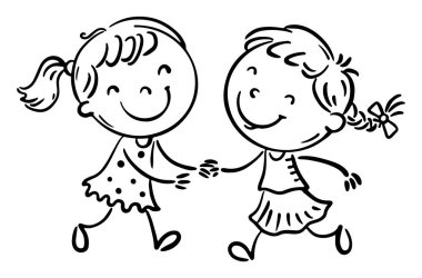 İki küçük kız eğleniyor, çocuklar oynuyor, soyutlanmış siyah beyaz bir çizgi film