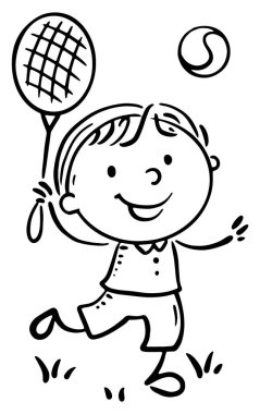 Tenis oynayan çocuk çizgisi çizimi. Özet çizimi